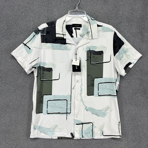 Porter & Ash Kinetic Stretch Shirt Mens Medium Short Sleeve Abstract White Green - Picture 1 of 16